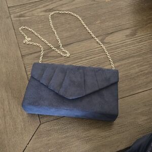 Elegant Navy Suede Clutch with Gold Chain